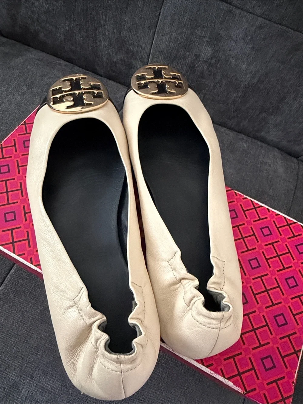 Tory Burch Two-Tone Beige and Black Logo Ballet Flats